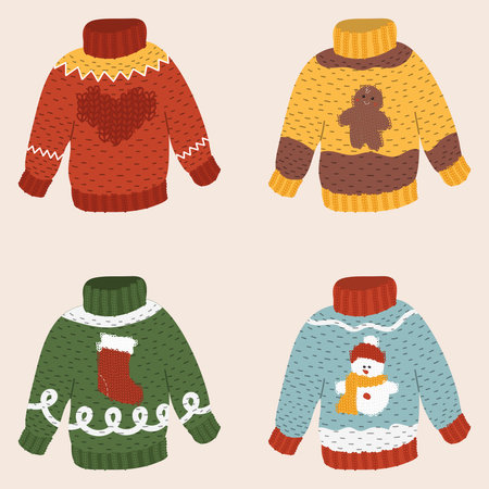 Four knitted Christmas sweaters. Vector illustrationのイラスト素材