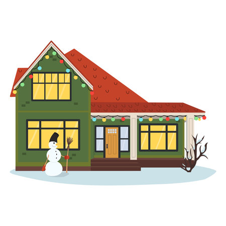 Decorated green house vector illustration. Christmas house with a snowman. Greeting card poster. Vector illustration.のイラスト素材