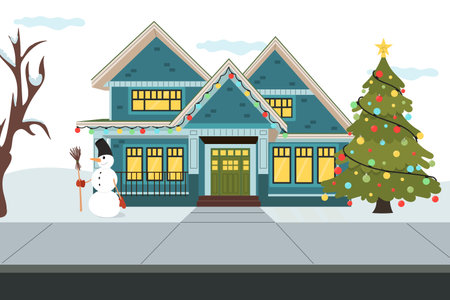 Horizontal vector illustration for Christmas. Scene with house and Christmas decorations.のイラスト素材