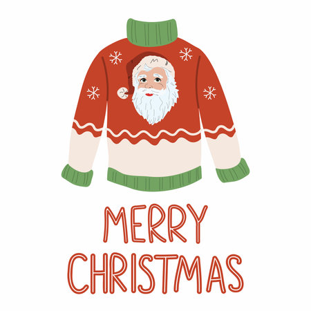 Merry Christmas postcard with knitted pullover. Vector Christmas ugly sweater with Santa Claus.のイラスト素材