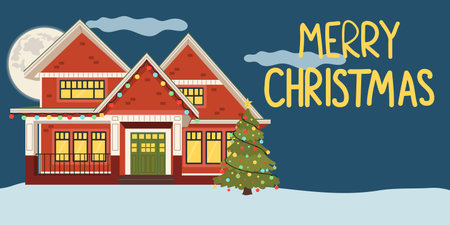 Night landscape with Christmas decorated house. Merry Christmas at home. Cartoon vector illustration.のイラスト素材