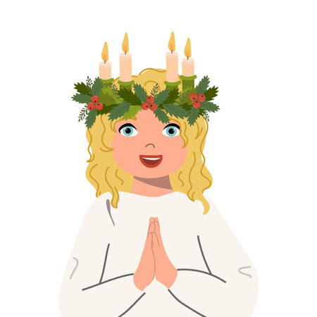 Young girl wearing a candle crown. Sweden Saint Lucia Vector Illustrationのイラスト素材