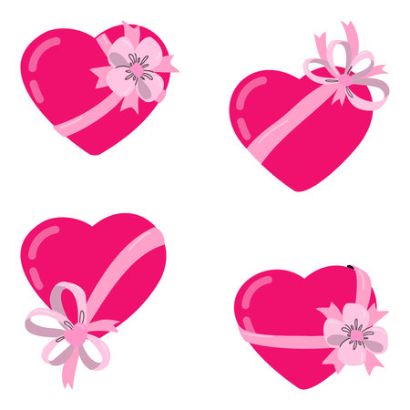 Collection of pink hearts in a bow. Valentine's day elements. A gift from a loved one. Vector illustrationのイラスト素材