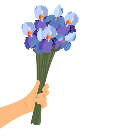 Spring bouquet of iris flowers in a woman's hand. Holiday International Women's Day. Women's month, Mother's Day. Vector illustration in flat style.のイラスト素材