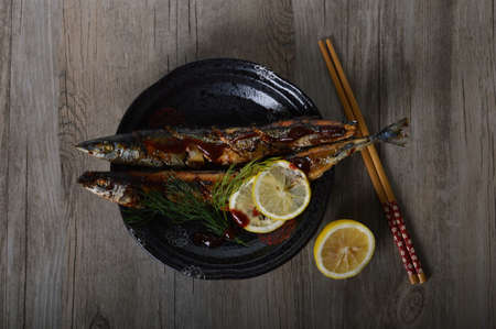 Delicious grilled sauryの写真素材