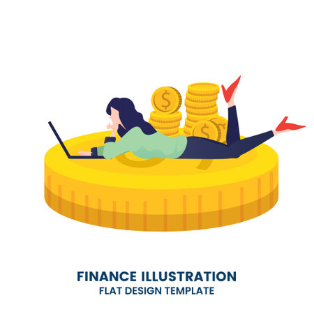 Rich woman enjoying success on top of stack of money coinのイラスト素材