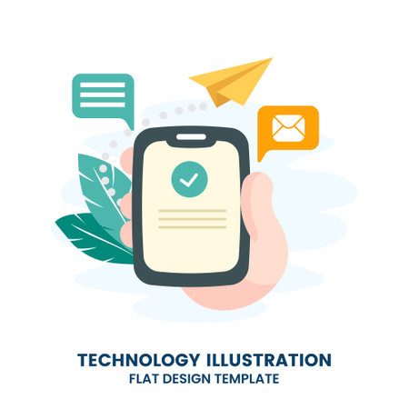 Hand holding phone with short messages, icons and emoticons. Chatting with friends and sending new messages.のイラスト素材