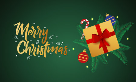 Merry Christmas Promotion Poster or banner with gift box, LED String lights and leaf for Retail, Shopping.のイラスト素材