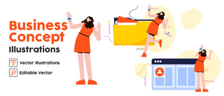Business Concept illustrations. set Collection of scenes with women taking part in business activities. Vector illustrationのイラスト素材
