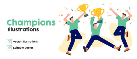 Champions Concept illustrations. Collection of scenes with people jump and bring trophyのイラスト素材