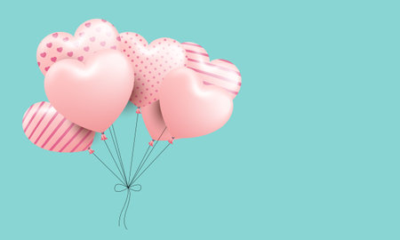 Love Happy Valentine's day background illustration. Beautiful Turquoise background with realistic bundle of balloonsのイラスト素材