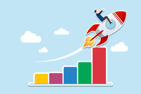 Business growth, investment profit increase, growing fast or improvement sales and revenue, progress or development concept, businessman riding rocket on growth bar graph or rising up revenue chart. Paper Cut Styleのイラスト素材