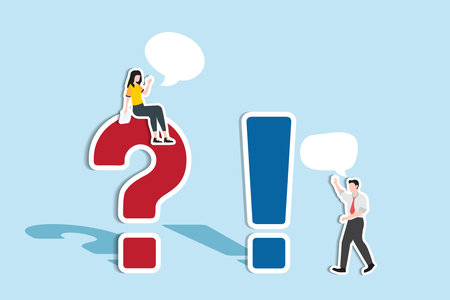 Question and answer, Q and A, FAQ, frequently asked questions, discussion to get solution to solve problem, brainstorm conversation or quiz concept, businessman and woman ask and answer questions. Paper Cut Styleのイラスト素材