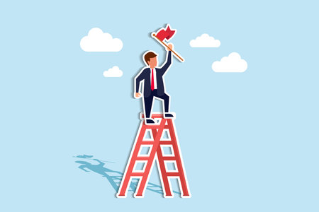 Success ladder to reach goal, achievement or opportunity, climb up ladder to get new hope, accomplishment or career development concept, businessman climb up ladder of success to reach flag champion target. Paper Cut Styleのイラスト素材