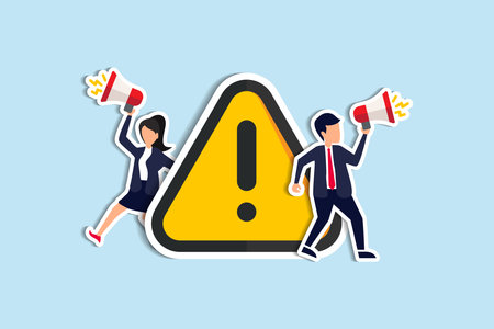 Important announcement, attention or warning information, breaking news or urgent message communication, alert and beware concept, business people announce on megaphone with attention exclamation sign. Paper Cut Styleのイラスト素材