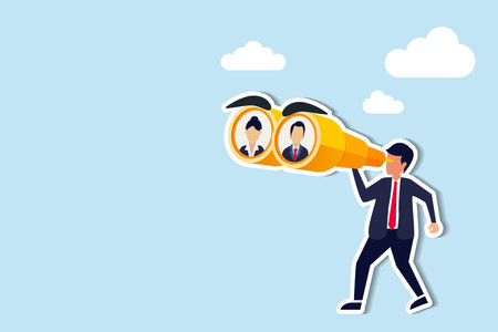 Searching for candidate, HR Human Resources find people to fill in job vacancy, recruitment or finding career opportunity concept, businessman HR look through binoculars to find candidate people. Paper Cut Styleのイラスト素材