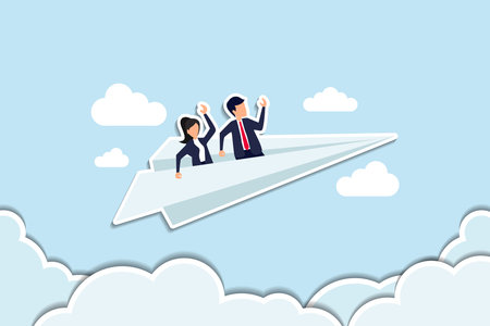 Mentor or support employee to success, manager to help or advice staff to reach goal, work coaching or adviser expert concept, businessman manager riding paper plane origami with team colleagues.  Paper Cut Styleのイラスト素材