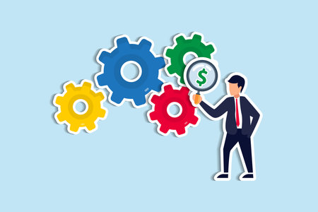 Cost effective, reduce cost and time to maximize better quality result, optimize cost and expense for better profit strategy concept, businessman with magnifier dollar money from cog gear production. Paper Cut Styleのイラスト素材