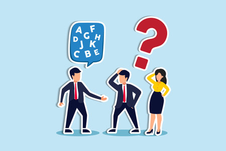 Jargon, communicate with technical word or hard to understand language, complicated conversation, difficult to explain, businessman talk with jargon word in speech bubble dialog make other confused. Paper Cut Styleのイラスト素材