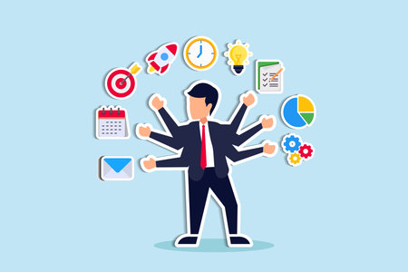 Project management, strategic plan to manage resources for development, working process and schedule, task completion concept, smart businessman project manager manage multiple project dashboards. Paper Cut Styleのイラスト素材