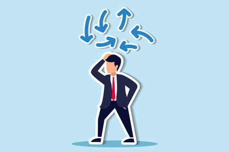 Decision making, decide the right way or choosing options, best alternative or solution to success, business direction or thinking concept, contemplation businessman making decision where to go next. Paper Cut Styleのイラスト素材