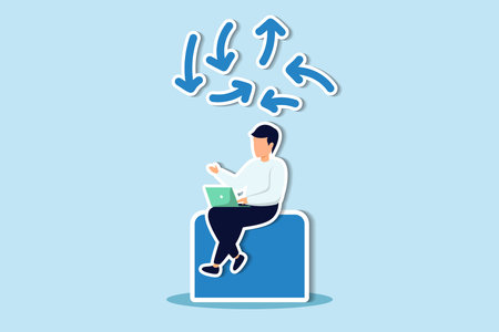 Decision making, decide the right way or choosing options, best alternative or solution to success, business direction or thinking concept, contemplation businessman making decision where to go next. Paper Cut Styleのイラスト素材