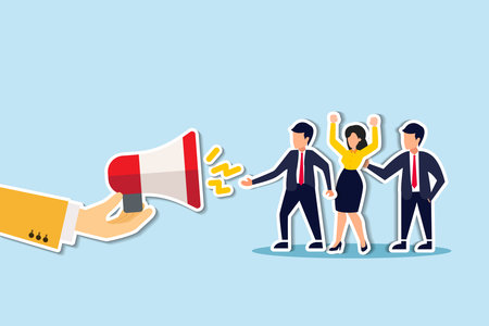 Encourage employee voice, advocacy or support opinion, contribution or help, listen to ideas or communication, staff encouragement concept, businessman hand offer megaphone for employee to speak out. Paper Cut Styleのイラスト素材