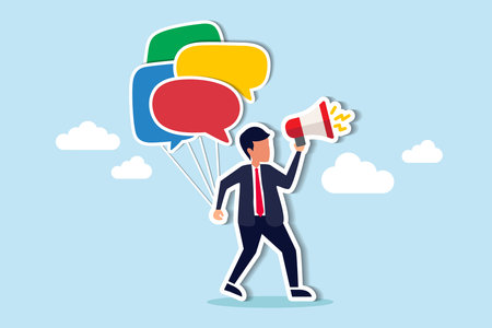 Communication or PR, Public Relations manager to communicate company information and media, announce sales or promotion concept, businessman holding speech bubble balloons while talking on megaphone. Paper Cut Styleのイラスト素材