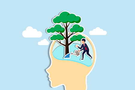 Growth mindset, personal development or improvement, training to believe to success, motivation or coaching, growing attitude concept, man watering on plantation seedling growing from head brain. Paper Cut Styleのイラスト素材
