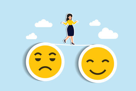 Relaxation make anxiety or stressed to happy, optimistic relief or metal illness therapy, bipolar disorder or mindful thinking concept, depressed woman walk the line from sadness to smile face. Paper Cut Styleのイラスト素材