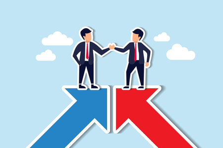 Cooperation partnership, work together for success, team collaboration, agreement or negotiation, collaborate concept, businessmen handshake on growth arrow joining connection agree to work together. Paper Cut Styleのイラスト素材