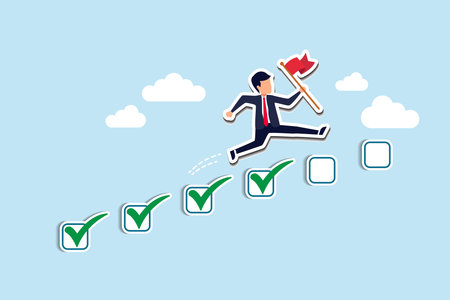 Progression from start to success, development or improvement, challenge to progress and win competition, tasks completion to finish project, businessman step on checklist to progress to target. Paper Cut Styleのイラスト素材