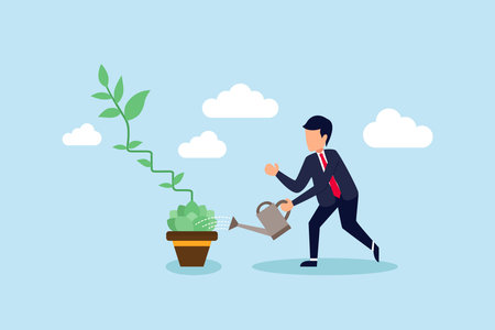 Growth step or career path, job improvement stair or growing investment or stair to success, mentorship concept, businessman watering seedling plant growing up as stair to climb to reach success.のイラスト素材