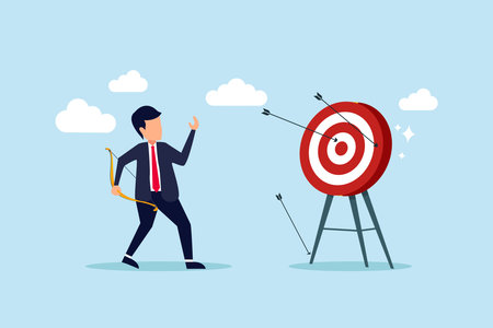 Success reaching goal or target, victory or winner, accuracy and achievement to hit target bullseye, efficiency or perfection concept, businessman archery shoot all his bows hitting bullseye target.のイラスト素材