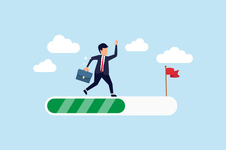 Progress or journey to success or achieve goal, business step or career path, mission or challenge to succeed, improvement concept, ambitious businessman run on progress bar to achieve success flag.のイラスト素材
