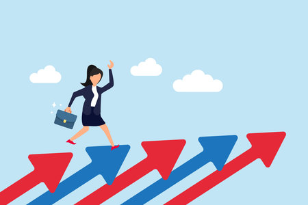 Career growth, growing business or leadership to overcome challenge, motivation to succeed, career development or ambition to success concept, confidence businesswoman walking up growth arrow stair.のイラスト素材