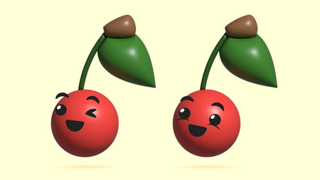 3D Digital Illustration of cherry fruit cartoon character. Concept art of a happy cherry smiley face icon. Healthy food emoji of cherry fruit. Fresh ripe cherry fruit with leaf.の写真素材