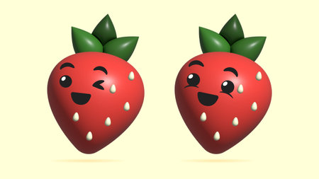 3D Digital Illustration of Strawberry fruit cartoon character. Concept art of a happy Strawberry smiley face icon. Healthy food emoji of Strawberry fruit. Fresh ripe Strawberry fruit with leaf.の写真素材