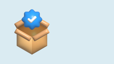 3d Realistic Illustration minimal quality control. product cardboard box with verified badgeの写真素材