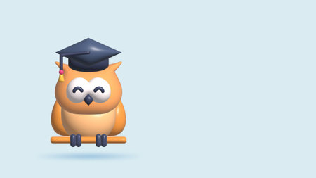 3d illustration of owl in graduation hat sitting on branch of woodの写真素材