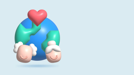 Cartoon stylized planet Earth physical surface texture. Earth planet with grand father and motherの写真素材
