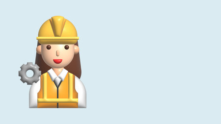 construction worker with orange uniform and yellow safety helmet 3d cartoon character illustrationの写真素材
