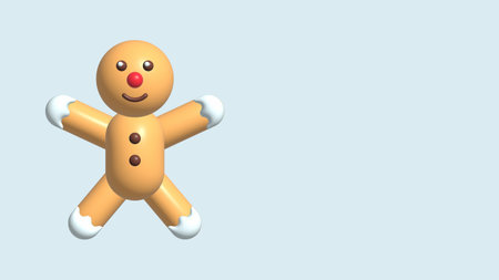 3D Holiday Gingerbread Man Cookie. Render Cookie in Shape of Man with Colored Icing. Happy New Year Decoration. Merry Christmas Holiday. New Year and Xmas Celebration. Realistic 3d illustrationの写真素材
