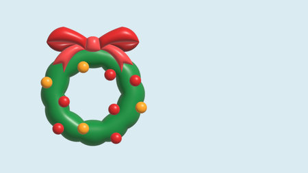 3d rendering, Christmas spruce wreath decorated with ornaments: red and yellow glass balls, Holiday clip art isolated on blue background. frame with copy spaceの写真素材