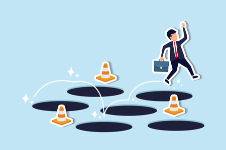 Avoid pitfall, adversity and brave to jump pass mistake or business failure, skill and creativity to solve problem concept, smart businessman jump pass many pitfalls to achieve business success.のイラスト素材