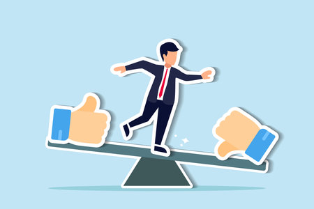 Demerit and merit evaluation, advantage and disadvantage in comparison, performance assessment, manager evaluation, judgment concept, businessman balance on seesaw with thumb up and thumb down.のイラスト素材
