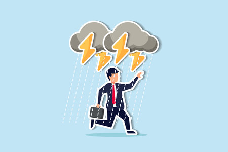 Business problem, obstacle or risk to overcome and succeed, insurance or catastrophe and disaster business day concept, depressed businessman walking with cloudy thunderstorm and rainy around his faceのイラスト素材