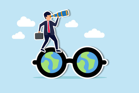 Global or world business vision, international business opportunity, searching for job, career or working abroad concept, businessman look through telescope on eyeglasses with world map.のイラスト素材