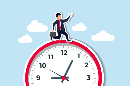 Time run out, deadline or hurry to go to the office late, urgency or determination to finish work fast, stressed or anxiety to complete work concept, hurry businessman run fast on time run out clock.のイラスト素材