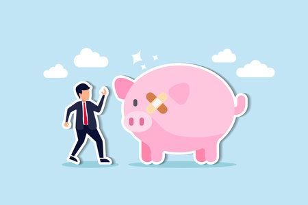 Fix financial problem, investment or saving impacted by crisis or inflation, bankruptcy, deposit or budget concept, poor cracked piggy bank with bandage metaphor of fixing problem.のイラスト素材